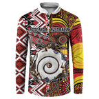 Personalised Aotearoa and Australia Together Button Sweatshirt Koru and Kangaroo - Taniko with Aboriginal Motif