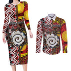 Personalised Aotearoa and Australia Together Couples Matching Long Sleeve Bodycon Dress and Long Sleeve Button Shirt Koru and Kangaroo - Taniko with Aboriginal Motif