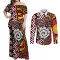 Personalised Aotearoa and Australia Together Couples Matching Off Shoulder Maxi Dress and Long Sleeve Button Shirt Koru and Kangaroo - Taniko with Aboriginal Motif