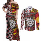 Personalised Aotearoa and Australia Together Couples Matching Off Shoulder Maxi Dress and Long Sleeve Button Shirt Koru and Kangaroo - Taniko with Aboriginal Motif