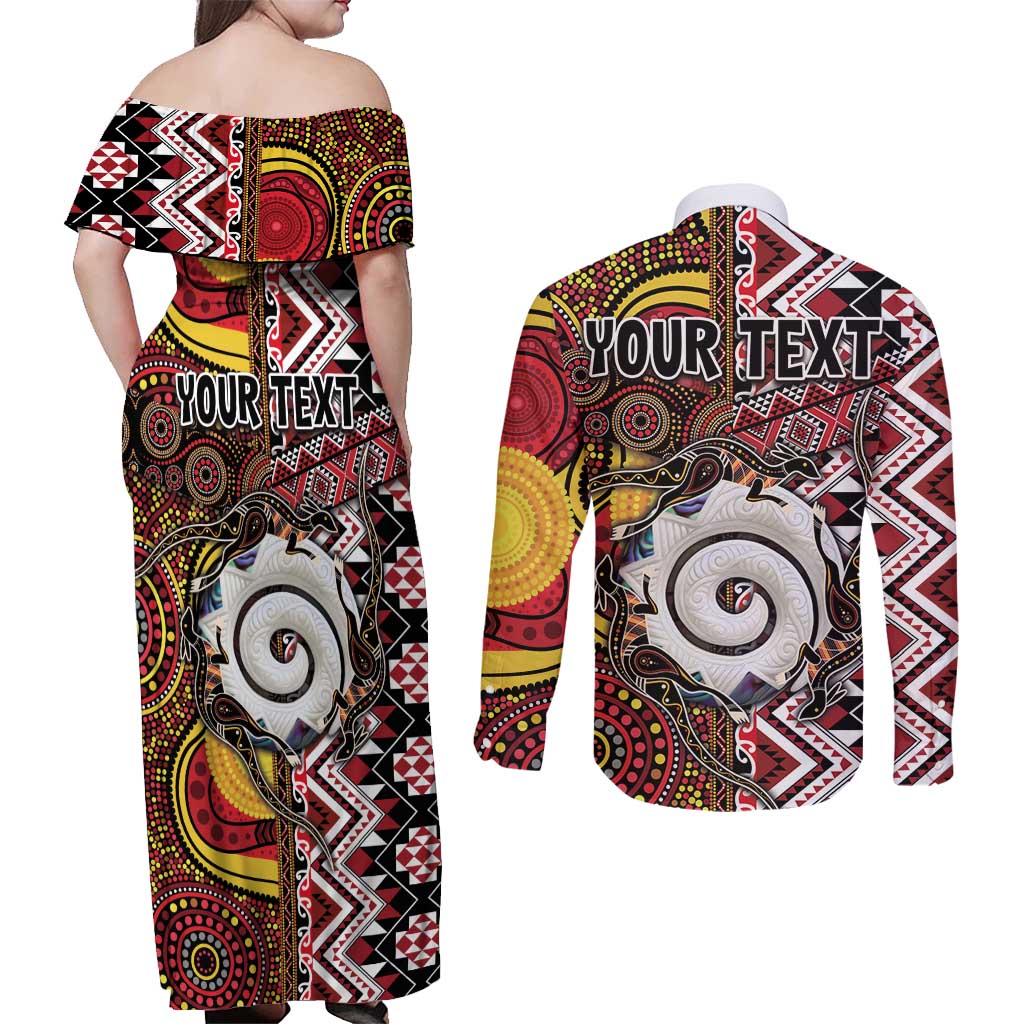 Personalised Aotearoa and Australia Together Couples Matching Off Shoulder Maxi Dress and Long Sleeve Button Shirt Koru and Kangaroo - Taniko with Aboriginal Motif
