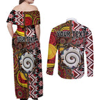 Personalised Aotearoa and Australia Together Couples Matching Off Shoulder Maxi Dress and Long Sleeve Button Shirt Koru and Kangaroo - Taniko with Aboriginal Motif