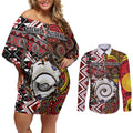 Personalised Aotearoa and Australia Together Couples Matching Off Shoulder Short Dress and Long Sleeve Button Shirt Koru and Kangaroo - Taniko with Aboriginal Motif