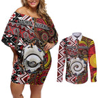 Personalised Aotearoa and Australia Together Couples Matching Off Shoulder Short Dress and Long Sleeve Button Shirt Koru and Kangaroo - Taniko with Aboriginal Motif