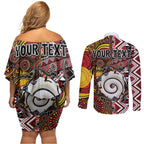 Personalised Aotearoa and Australia Together Couples Matching Off Shoulder Short Dress and Long Sleeve Button Shirt Koru and Kangaroo - Taniko with Aboriginal Motif