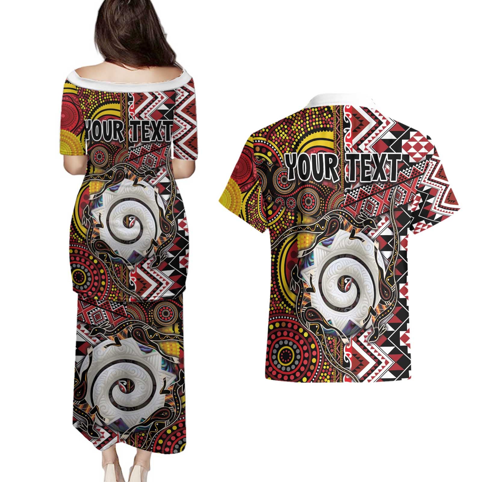 Personalised Aotearoa and Australia Together Couples Matching Puletasi and Hawaiian Shirt Koru and Kangaroo - Taniko with Aboriginal Motif