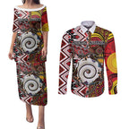 Personalised Aotearoa and Australia Together Couples Matching Puletasi and Long Sleeve Button Shirt Koru and Kangaroo - Taniko with Aboriginal Motif
