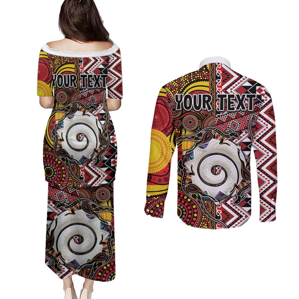 Personalised Aotearoa and Australia Together Couples Matching Puletasi and Long Sleeve Button Shirt Koru and Kangaroo - Taniko with Aboriginal Motif
