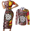 Personalised Aotearoa and Australia Together Couples Matching Short Sleeve Bodycon Dress and Long Sleeve Button Shirt Koru and Kangaroo - Taniko with Aboriginal Motif