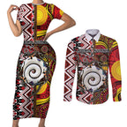 Personalised Aotearoa and Australia Together Couples Matching Short Sleeve Bodycon Dress and Long Sleeve Button Shirt Koru and Kangaroo - Taniko with Aboriginal Motif