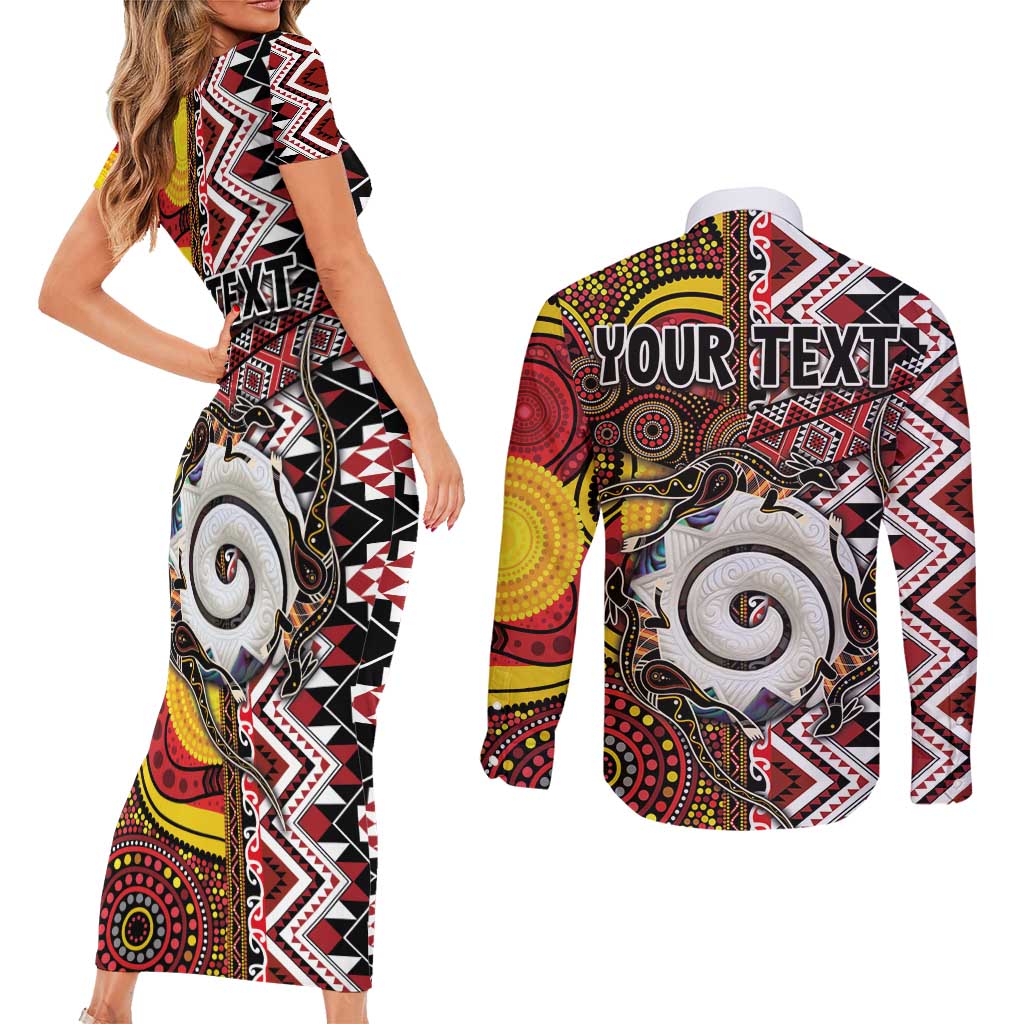 Personalised Aotearoa and Australia Together Couples Matching Short Sleeve Bodycon Dress and Long Sleeve Button Shirt Koru and Kangaroo - Taniko with Aboriginal Motif