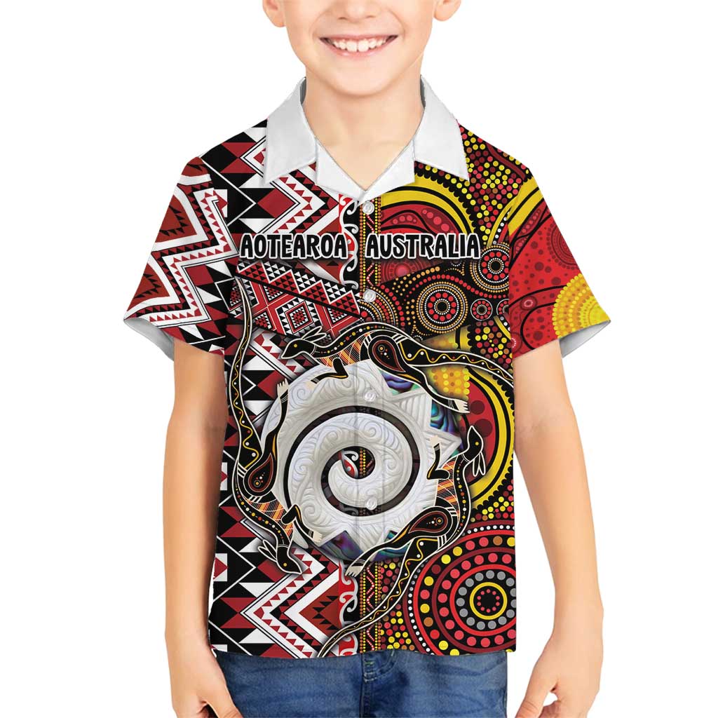 Personalised Aotearoa and Australia Together Family Matching Long Sleeve Bodycon Dress and Hawaiian Shirt Koru and Kangaroo - Taniko with Aboriginal Motif