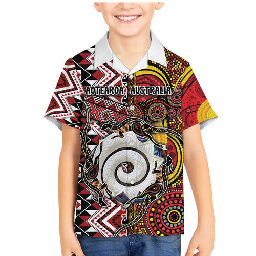 Personalised Aotearoa and Australia Together Family Matching Mermaid Dress and Hawaiian Shirt Koru and Kangaroo - Taniko with Aboriginal Motif