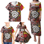 Personalised Aotearoa and Australia Together Family Matching Puletasi and Hawaiian Shirt Koru and Kangaroo - Taniko with Aboriginal Motif