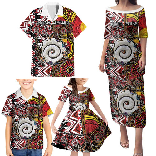Personalised Aotearoa and Australia Together Family Matching Puletasi and Hawaiian Shirt Koru and Kangaroo - Taniko with Aboriginal Motif