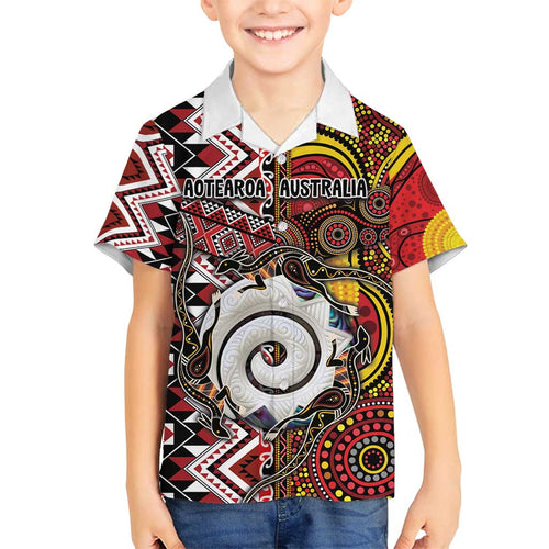 Personalised Aotearoa and Australia Together Family Matching Summer Maxi Dress and Hawaiian Shirt Koru and Kangaroo - Taniko with Aboriginal Motif