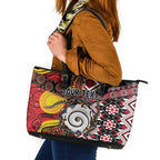 Personalised Aotearoa and Australia Together Leather Tote Bag Koru and Kangaroo - Taniko with Aboriginal Motif