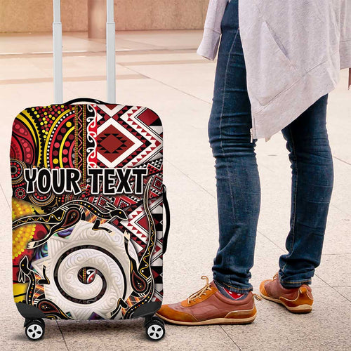 Personalised Aotearoa and Australia Together Luggage Cover Koru and Kangaroo - Taniko with Aboriginal Motif
