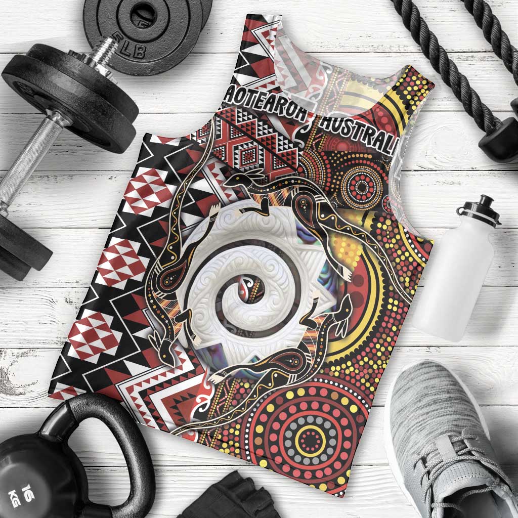 Personalised Aotearoa and Australia Together Men Tank Top Koru and Kangaroo - Taniko with Aboriginal Motif