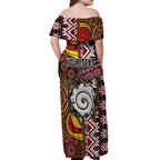 Personalised Aotearoa and Australia Together Off Shoulder Maxi Dress Koru and Kangaroo - Taniko with Aboriginal Motif