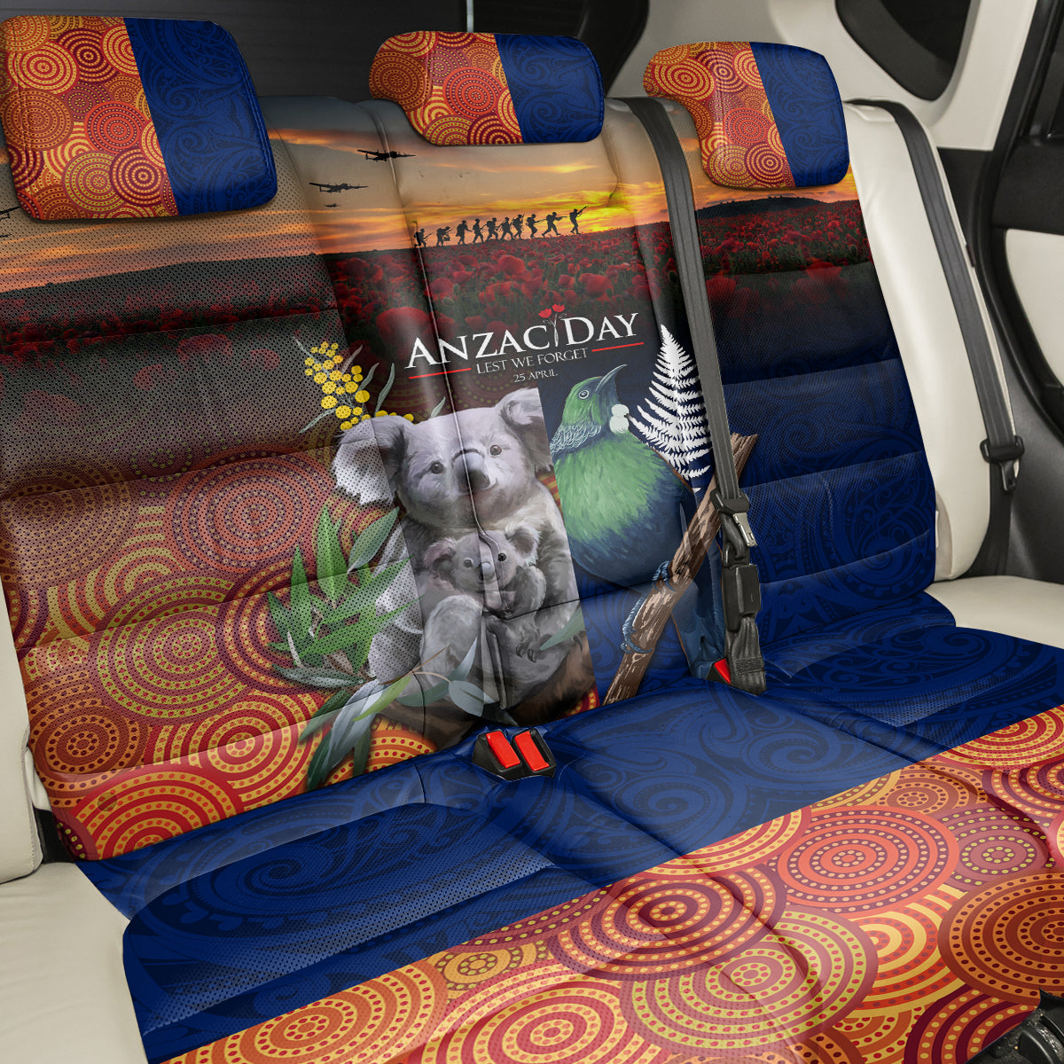 Australia and New Zealand ANZAC Day Back Car Seat Cover Tui Bird and Koala mix Maori and Aboriginal Pattern