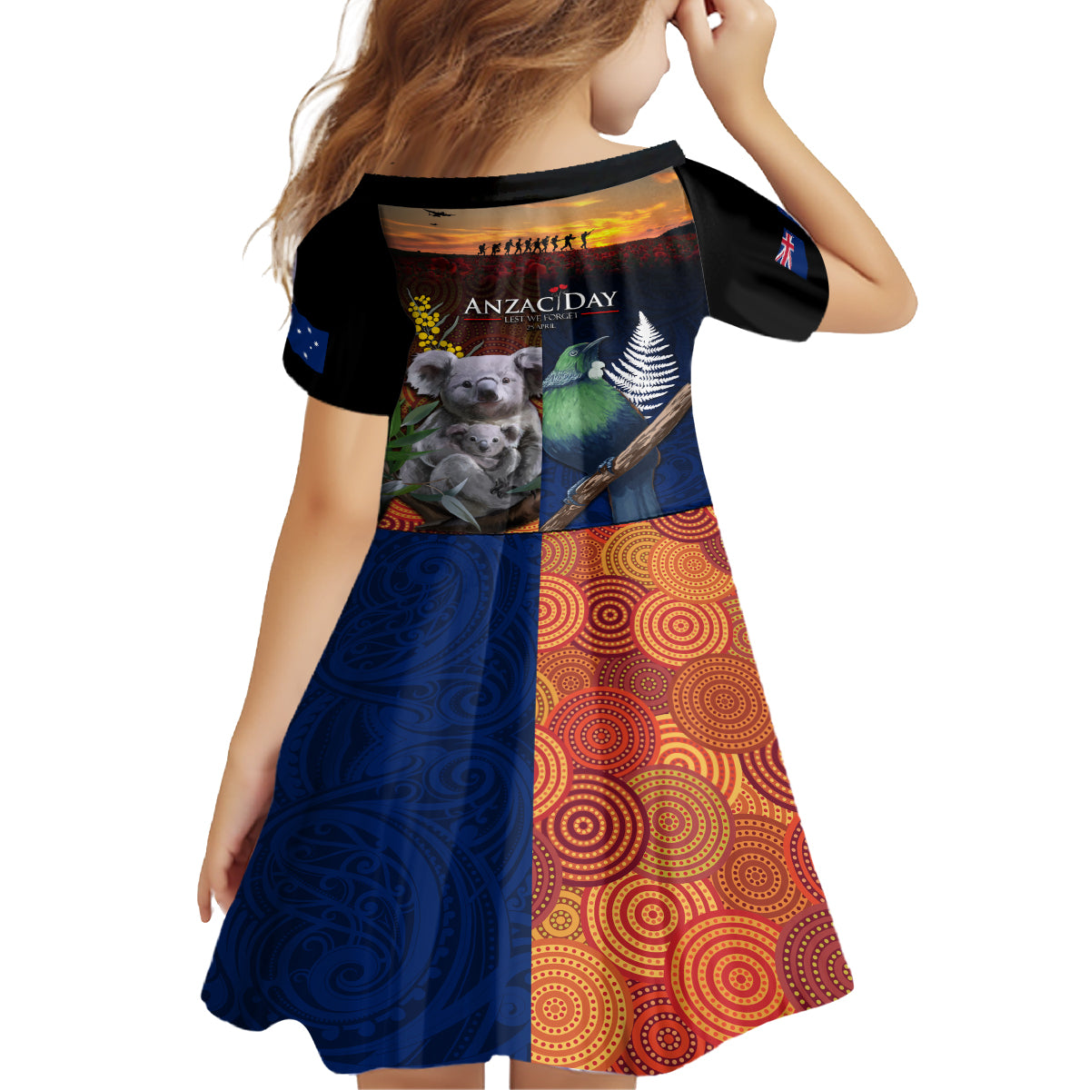 Australia and New Zealand ANZAC Day Kid Short Sleeve Dress Tui Bird and Koala mix Maori and Aboriginal Pattern