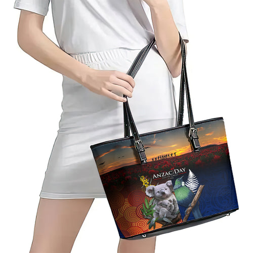 Australia and New Zealand ANZAC Day Leather Tote Bag Tui Bird and Koala mix Maori and Aboriginal Pattern