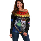Australia and New Zealand ANZAC Day Off Shoulder Sweater Tui Bird and Koala mix Maori and Aboriginal Pattern