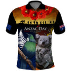 Australia and New Zealand ANZAC Day Polo Shirt Tui Bird and Koala mix Maori and Aboriginal Pattern