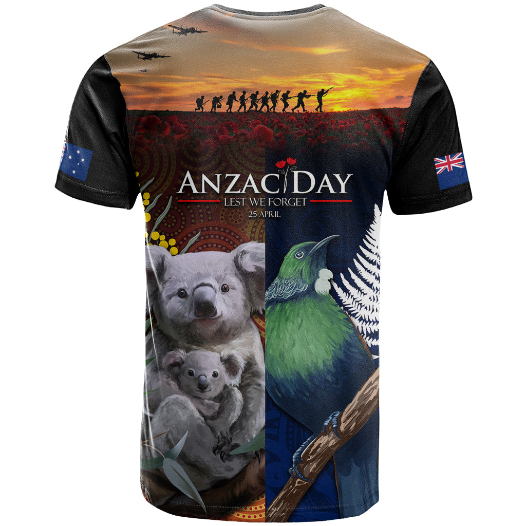 Australia and New Zealand ANZAC Day T Shirt Tui Bird and Koala mix Maori and Aboriginal Pattern
