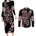 Aotearoa Toitu Te Tiriti-Honour the Treaty Couples Matching Long Sleeve Bodycon Dress and Long Sleeve Button Shirt Maori Taniwha Haka with Taniko and Tukutuku