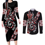 Aotearoa Toitu Te Tiriti-Honour the Treaty Couples Matching Long Sleeve Bodycon Dress and Long Sleeve Button Shirt Maori Taniwha Haka with Taniko and Tukutuku