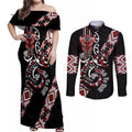 Aotearoa Toitu Te Tiriti-Honour the Treaty Couples Matching Off Shoulder Maxi Dress and Long Sleeve Button Shirt Maori Taniwha Haka with Taniko and Tukutuku