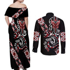 Aotearoa Toitu Te Tiriti-Honour the Treaty Couples Matching Off Shoulder Maxi Dress and Long Sleeve Button Shirt Maori Taniwha Haka with Taniko and Tukutuku