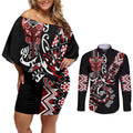 Aotearoa Toitu Te Tiriti-Honour the Treaty Couples Matching Off Shoulder Short Dress and Long Sleeve Button Shirt Maori Taniwha Haka with Taniko and Tukutuku