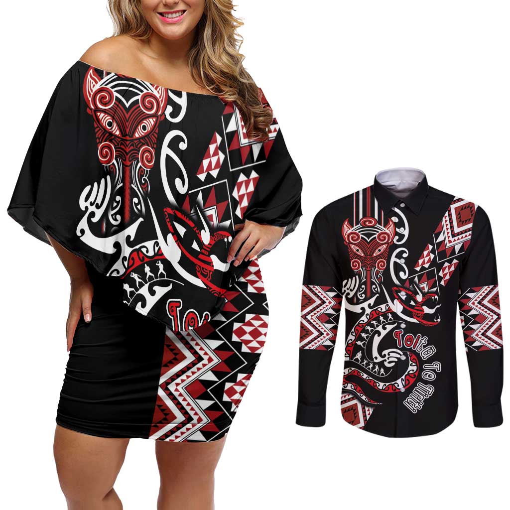 Aotearoa Toitu Te Tiriti-Honour the Treaty Couples Matching Off Shoulder Short Dress and Long Sleeve Button Shirt Maori Taniwha Haka with Taniko and Tukutuku