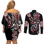Aotearoa Toitu Te Tiriti-Honour the Treaty Couples Matching Off Shoulder Short Dress and Long Sleeve Button Shirt Maori Taniwha Haka with Taniko and Tukutuku