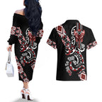 Aotearoa Toitu Te Tiriti-Honour the Treaty Couples Matching Off The Shoulder Long Sleeve Dress and Hawaiian Shirt Maori Taniwha Haka with Taniko and Tukutuku