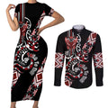 Aotearoa Toitu Te Tiriti-Honour the Treaty Couples Matching Short Sleeve Bodycon Dress and Long Sleeve Button Shirt Maori Taniwha Haka with Taniko and Tukutuku