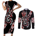 Aotearoa Toitu Te Tiriti-Honour the Treaty Couples Matching Short Sleeve Bodycon Dress and Long Sleeve Button Shirt Maori Taniwha Haka with Taniko and Tukutuku