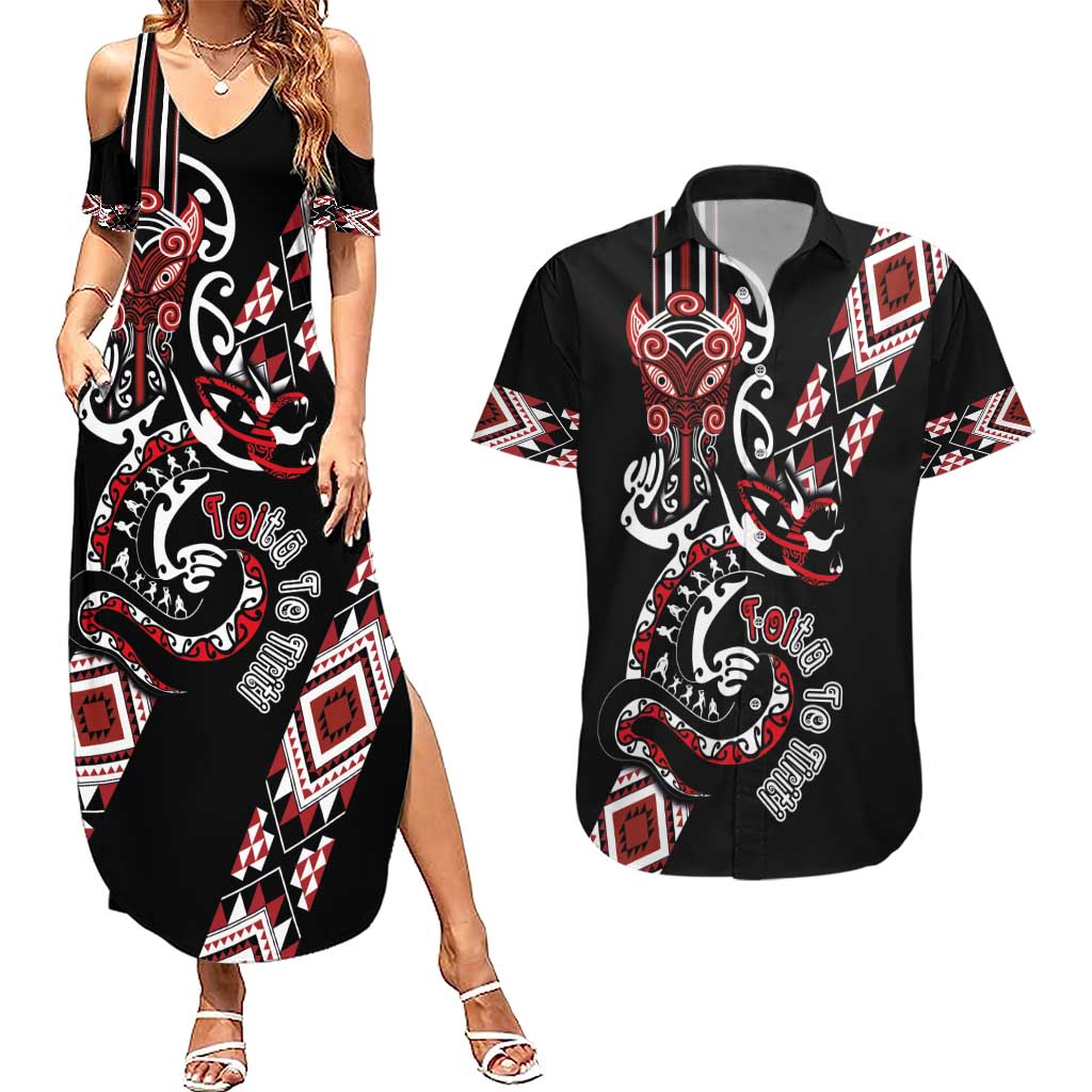 Aotearoa Toitu Te Tiriti-Honour the Treaty Couples Matching Summer Maxi Dress and Hawaiian Shirt Maori Taniwha Haka with Taniko and Tukutuku