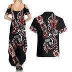 Aotearoa Toitu Te Tiriti-Honour the Treaty Couples Matching Summer Maxi Dress and Hawaiian Shirt Maori Taniwha Haka with Taniko and Tukutuku