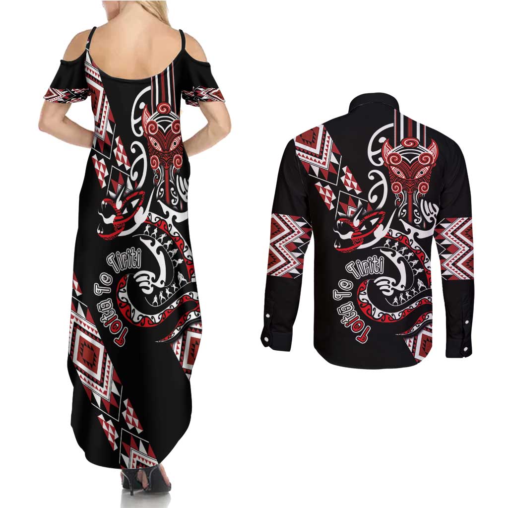 Aotearoa Toitu Te Tiriti-Honour the Treaty Couples Matching Summer Maxi Dress and Long Sleeve Button Shirt Maori Taniwha Haka with Taniko and Tukutuku