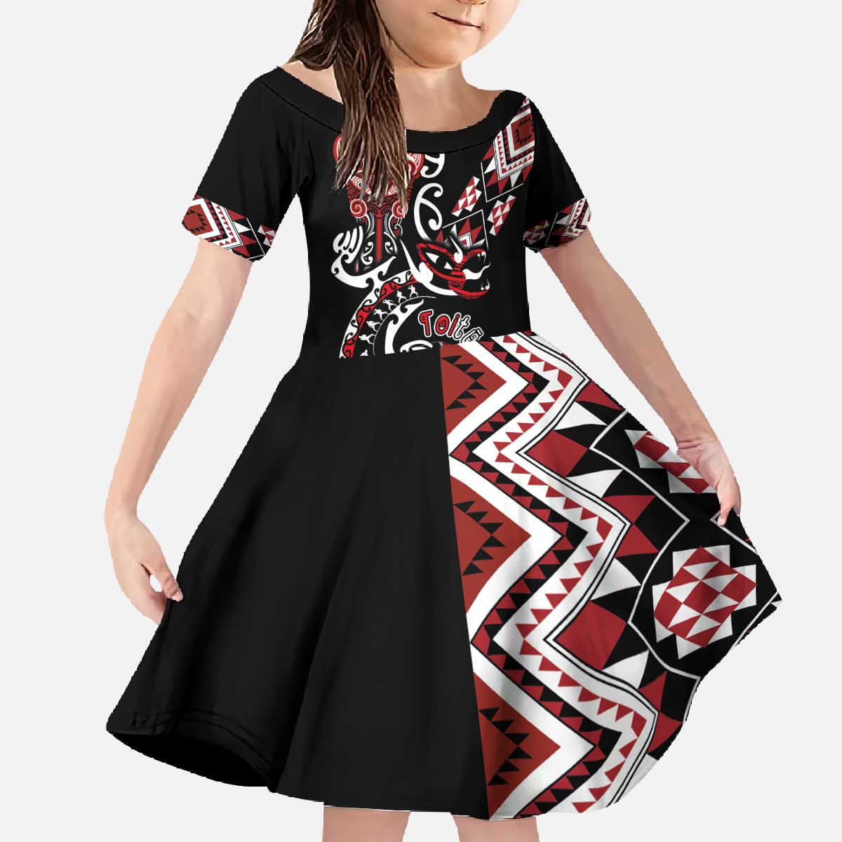 Aotearoa Toitu Te Tiriti-Honour the Treaty Family Matching Off The Shoulder Long Sleeve Dress and Hawaiian Shirt Maori Taniwha Haka with Taniko and Tukutuku