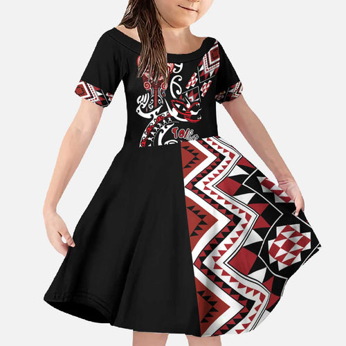 Aotearoa Toitu Te Tiriti-Honour the Treaty Family Matching Off The Shoulder Long Sleeve Dress and Hawaiian Shirt Maori Taniwha Haka with Taniko and Tukutuku