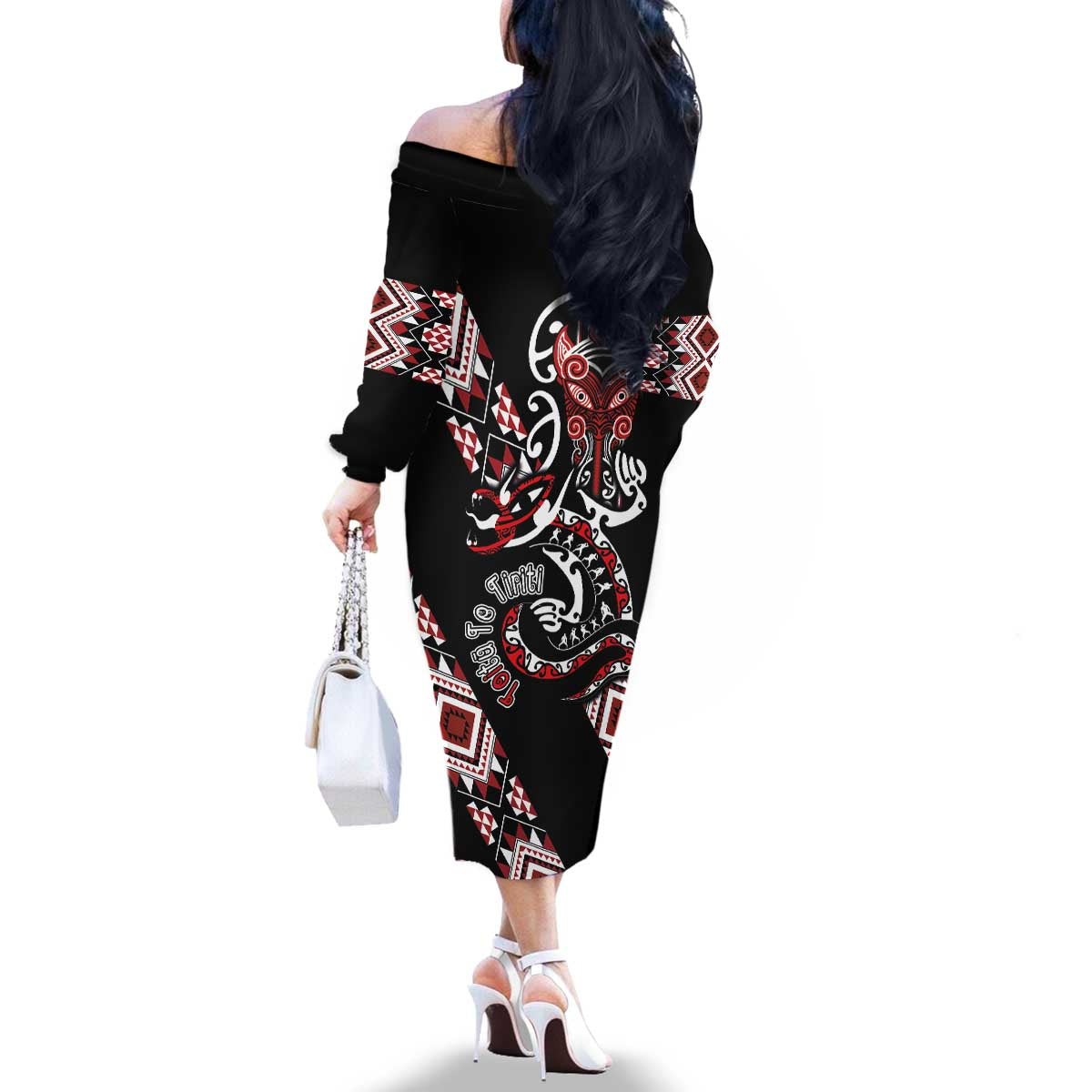 Aotearoa Toitu Te Tiriti-Honour the Treaty Family Matching Off The Shoulder Long Sleeve Dress and Hawaiian Shirt Maori Taniwha Haka with Taniko and Tukutuku