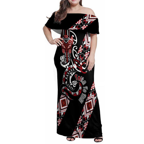 Aotearoa Toitu Te Tiriti-Honour the Treaty Family Matching Off Shoulder Maxi Dress and Hawaiian Shirt Maori Taniwha Haka with Taniko and Tukutuku