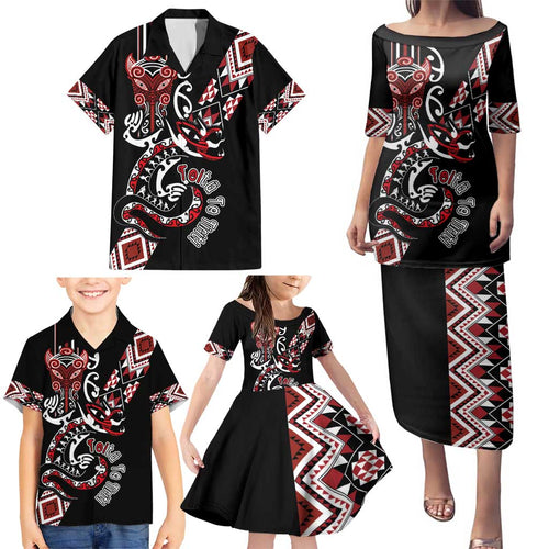 Aotearoa Toitu Te Tiriti-Honour the Treaty Family Matching Puletasi and Hawaiian Shirt Maori Taniwha Haka with Taniko and Tukutuku