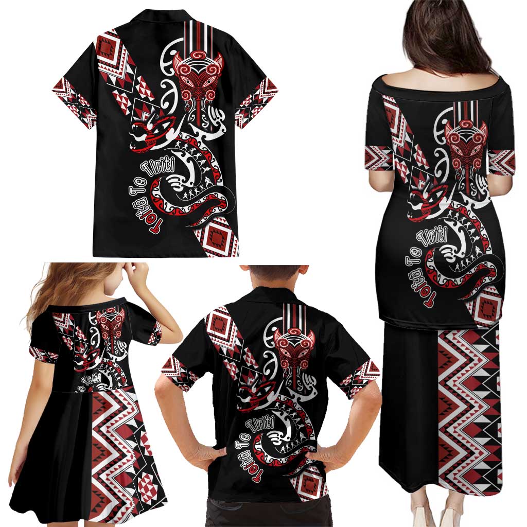 Aotearoa Toitu Te Tiriti-Honour the Treaty Family Matching Puletasi and Hawaiian Shirt Maori Taniwha Haka with Taniko and Tukutuku