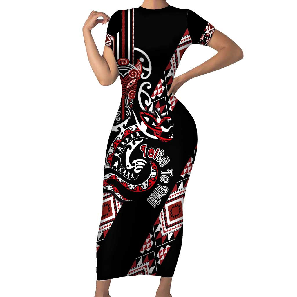 Aotearoa Toitu Te Tiriti-Honour the Treaty Family Matching Short Sleeve Bodycon Dress and Hawaiian Shirt Maori Taniwha Haka with Taniko and Tukutuku
